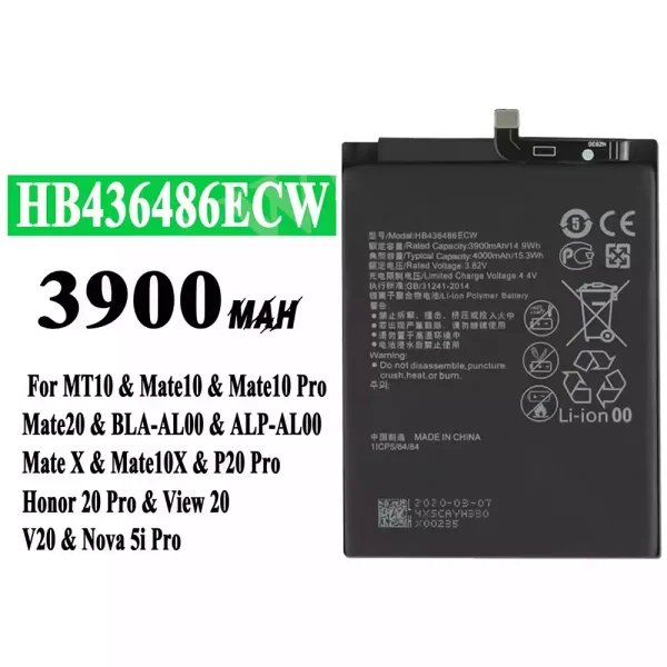 Original new battery HB436486ECW for HUAWEI Mate 10/Mate 10 Pro/Mate 10X/Mate 20/P20 Pro/P20 Pro Leather Limited Edition/Honor 20 Pro/Honor View 20/Honor V20/Nova 5i Pro/Nova 5z