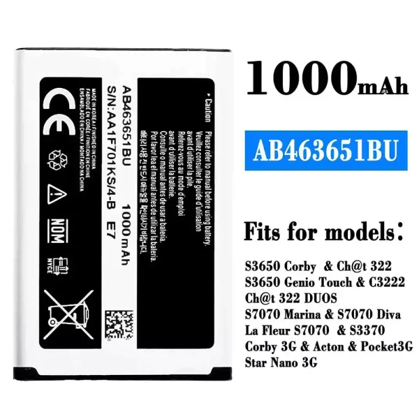 Original new battery AB463651BU for Samsung S3650 Corby