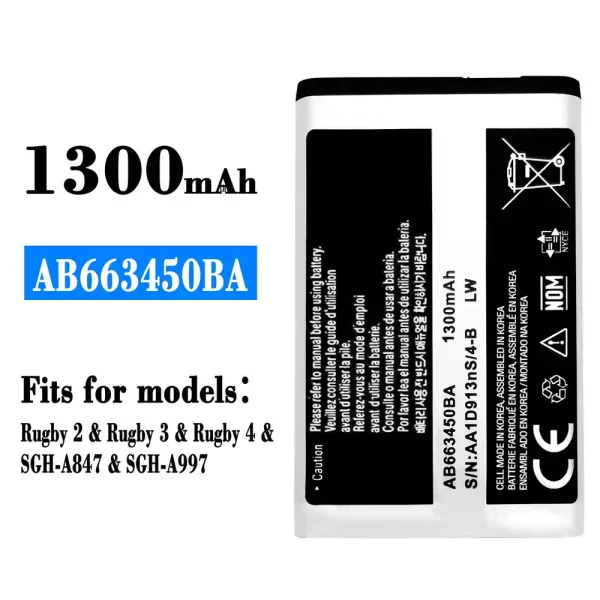 Original new battery AB663450BA for Samsung Rugby 2/Rugby 3/Rugby 4