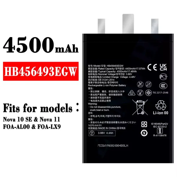 Original new battery HB456493EGW for HUAWEI Nova 10 SE/ Nova 11