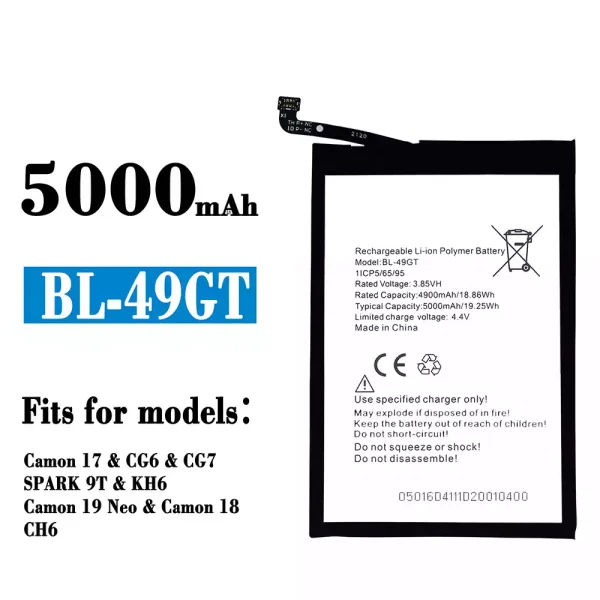 Original new battery BL-49GT for Tecno Camon 17 1 CG6 / CG7 / SPARK 9T / KH6 / Camon 19 Neo / Camon 18 /CH6