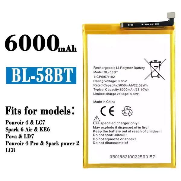 Original new battery BL-58BT for Tecno Pouvoir 4 / Pouvoir 4 Pro/ Spark 6 Air / Spark power 2