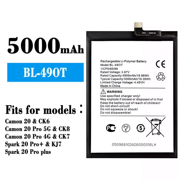 Original new battery BL-49OT for Tecno Camon 20 / Camon 20 Pro 5G  / Camon 20 Pro 4G / Spark 20 Pro+ / Spark 20 Pro plus