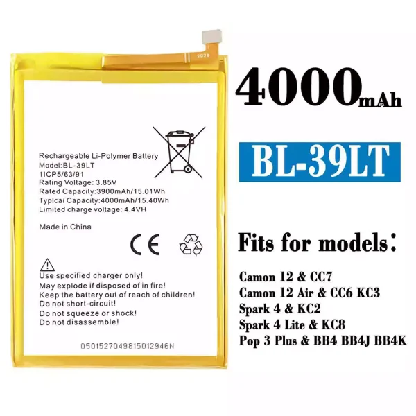 Original new battery BL-39LT for Tecno Camon 12 / Camon 12 Air / Spark 4 / Spark 4 Lite / Pop 3 Plus