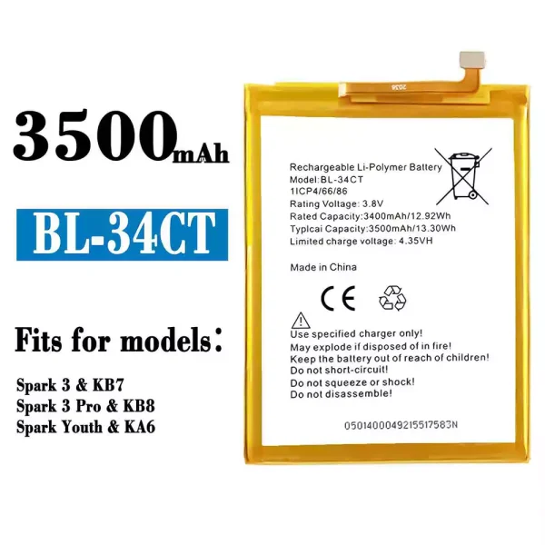 Original new battery BL-34CT for Tecno Spark 3 / Spark 3 Pro / Spark Youth