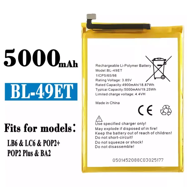 Original new battery BL-49ET for Tecno LB6 / LC6 / POP2+ / POP2 Plus /BA2