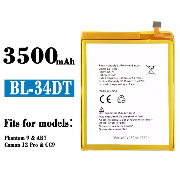 Original new battery BL-34DT for Tecno Phantom 9/ Camon 12 Pro