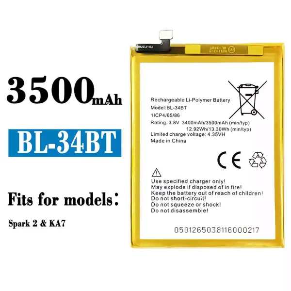 Original new battery BL-34BT for Tecno KA7 / Spark 2