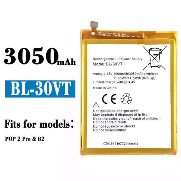 Original new battery BL-30VT for Tecno POP 2 Pro / B2
