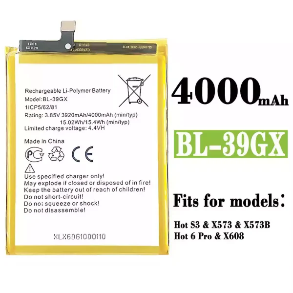 Original new battery BL-39GX for Infinix Hot S3,Hot 6 Pro
