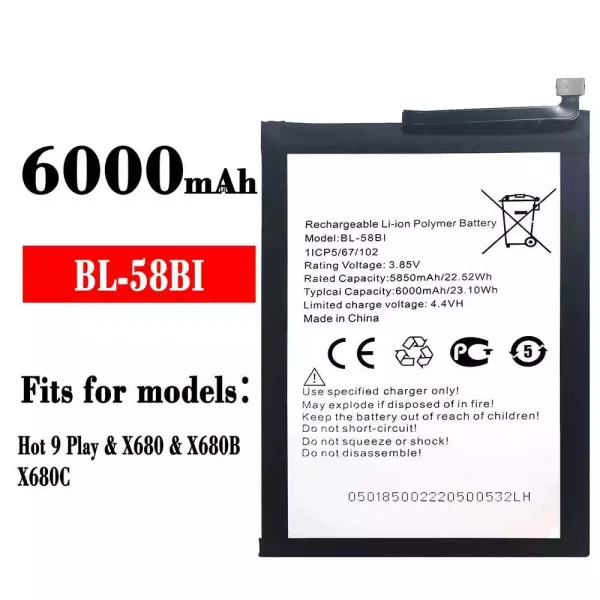 Original new battery BL-58BI for ITEL Hot 9 play