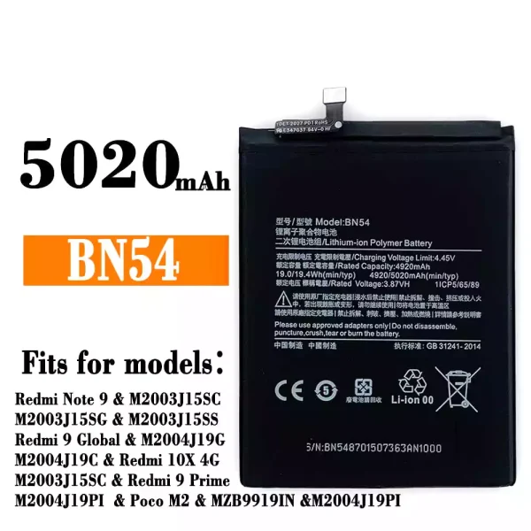 Original new battery BN54 for Xiaomi Redmi Note 9 / Redmi 10X 4G / Poco M2