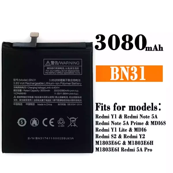 Original new battery BN31 for Xiaomi Redmi Y1 / Redmi Note 5A /Redmi Y1 Lite  / Redmi S2 / Redmi Y2  / Redmi 5A Pro
