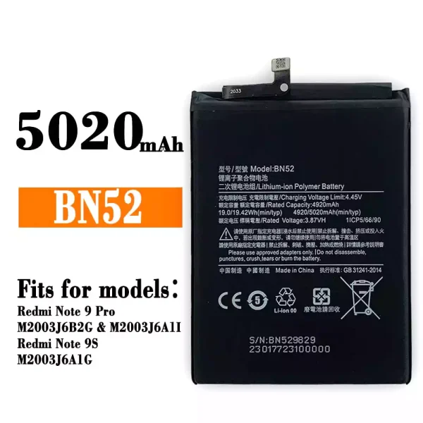Original new battery BN52 for Xiaomi Redmi Note 9 Pro / Redmi Note 9S