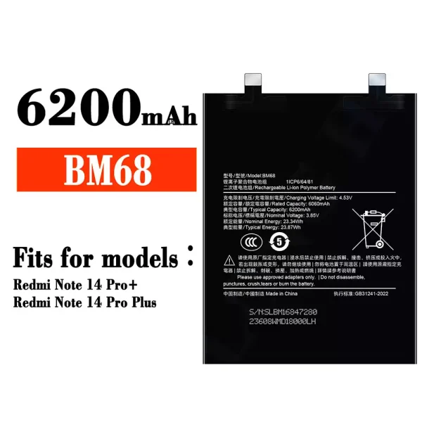 Original new battery BM68 for Xiaomi Redmi Note 14 Pro Plus