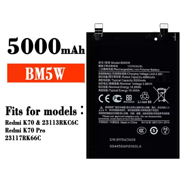 Original new battery BM5W for Xiaomi Redmi K70 / Redmi K70 Pro