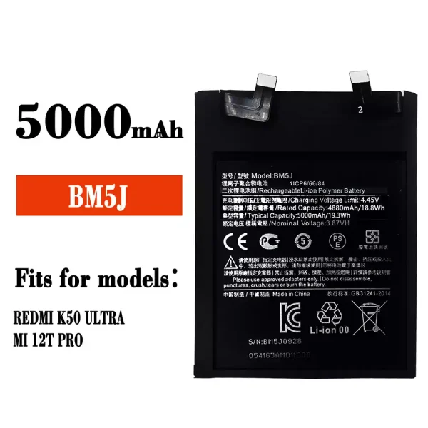 Original new battery BM5J for Xiaomi Redmi K50 ultra / MI 12T Pro