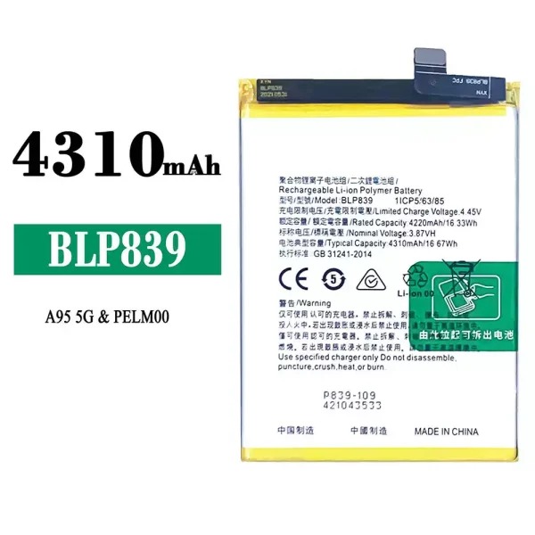 Original new battery BLP839 for OPPO A95 5G / A94 5G / Reno 5Z 5G / Reno 6Z