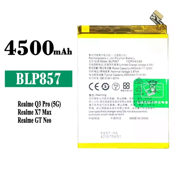 Original new battery BLP857 for OPPO Realme Q3 Pro / GT NEO / X7 Max