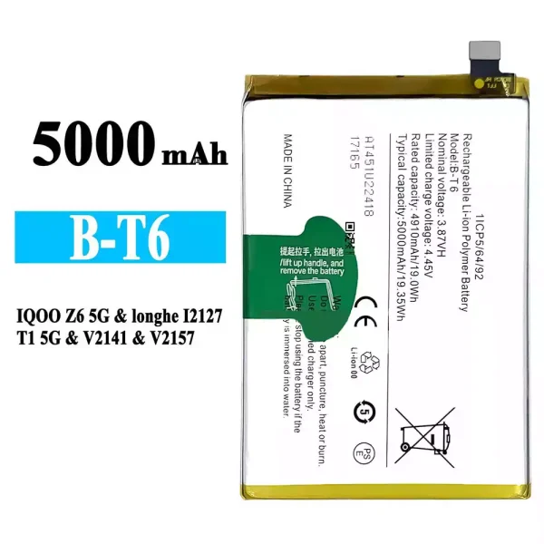 Original new battery B-T6 for VIVO iQOO Z6 5G/T1 5G/Y55 5G