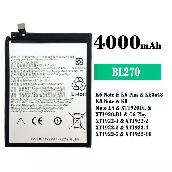 Original new battery BL270 for Lenovo K6 Note / K6 Plus / K8 Note / Moto E5 / G6 Play