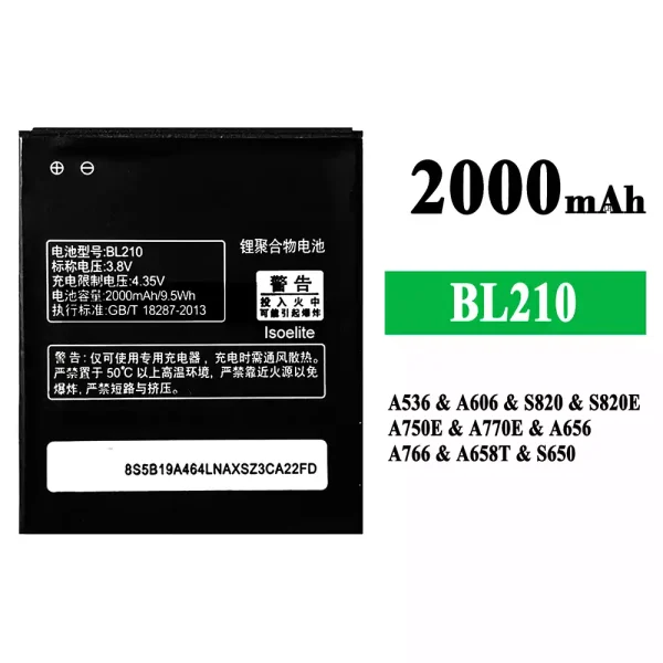 Original new battery BL210 for Lenovo A536/A606/S820/S820E/A750E/A770E/A656/A766/A658T/S650