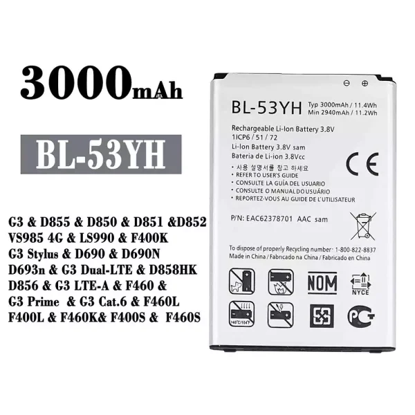 Original new battery BL-53YH for LG G3 / G3 Stylus / G3 Dual-LTE / G3 LTE-A / G3 Prime