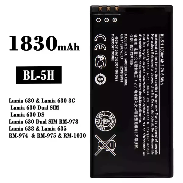 Original new battery BL-5H for Nokia Lumia 630 / Lumia 638 / Lumia 635 / RM-974 / RM-975 / RM-1010