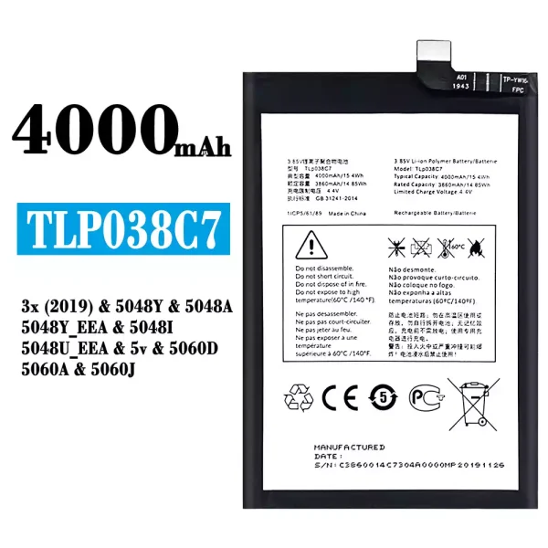 Original new battery TLP038C7 for Alcatel 3X 2019