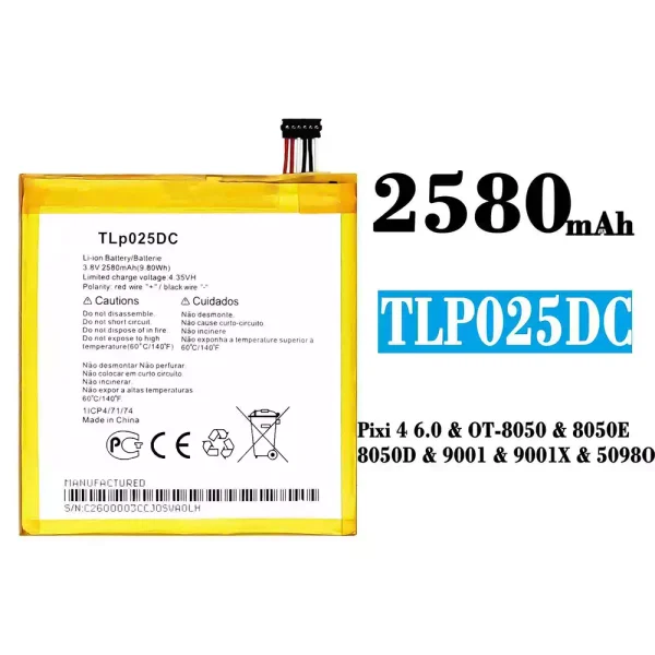 Original new battery TLp025DC for Alcatel Pixi 4 6.0