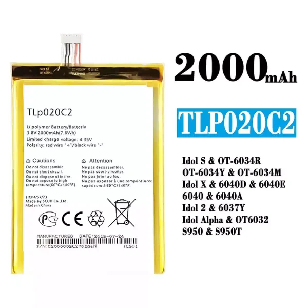 Original new battery TLp020C2 for Alcatel Idol S/Idol X/IDOL 2 /IDOL ALPHA
