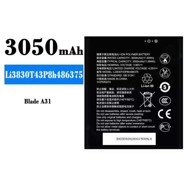 Original new battery Li3830T43P8h486375 for ZTE Blade A31