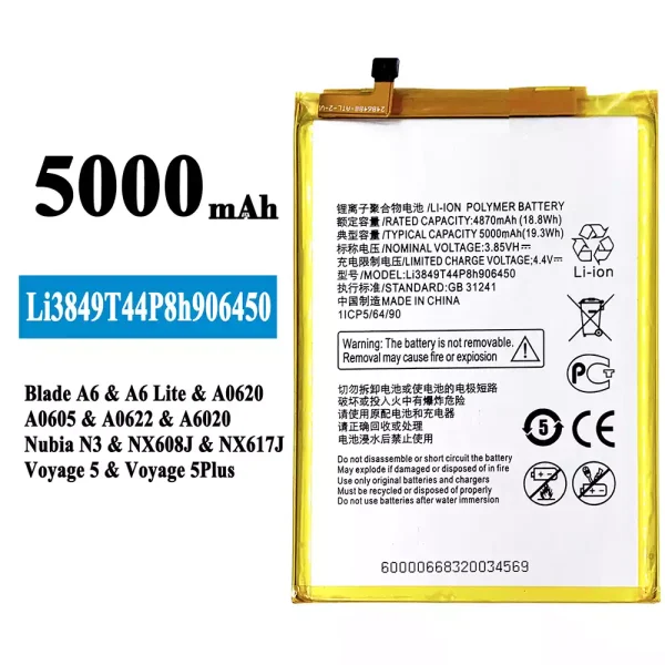 Original new battery Li3849T44P8h906450 for ZTE Blade A6/A6 Lite/Nubia N3/Voyage 5/Voyage 5 PLUS