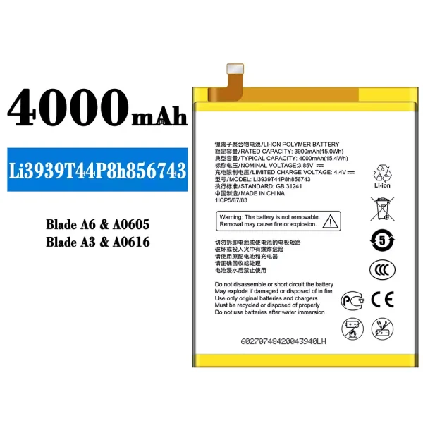 Original new battery Li3939T44P8h856743 for ZTE Blade A6/A3