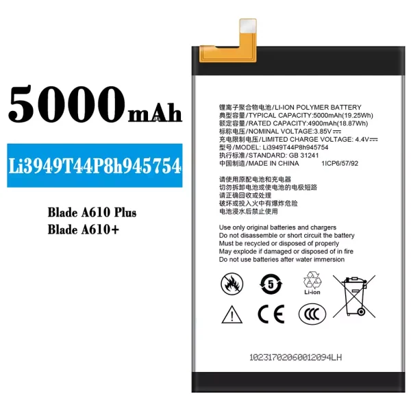 Original new battery Li3949T44P8h945754 for ZTE Blade A610+/A610 PLUS